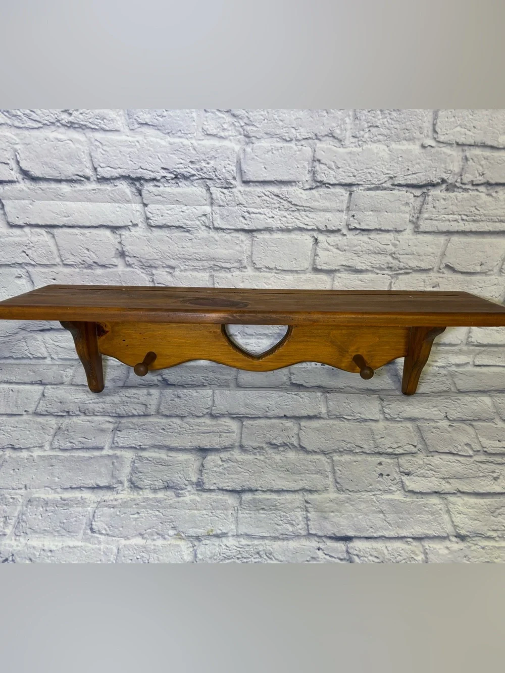 Vtg Handmade Wooden Heart Cutout Wall Shelf Cottage W/2 Pegs 28” Brown Farmhouse